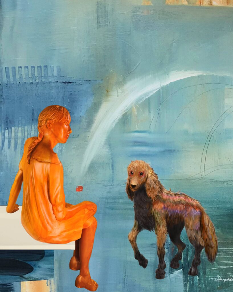 A painting of a boy and dog in front of a fountain.